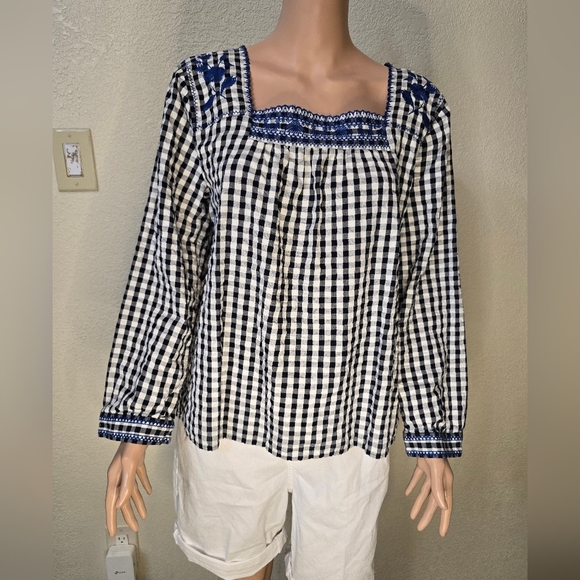 J. Crew Black Blue Gingham Plaid Floral Embroidered Square Neck Tunic Top Large - Picture 7 of 14